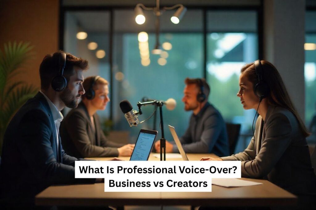 Four people in a podcast studio sit at a table wearing headphones and using microphones. Text overlay reads, "What is Professional Voice-Over? Business vs Creators."