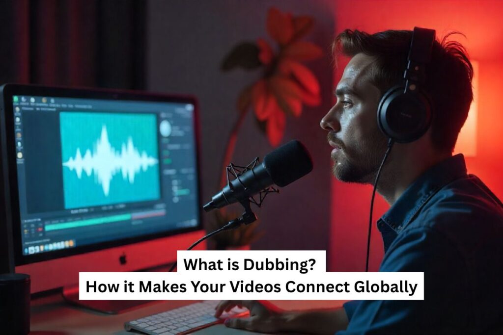 A man wearing headphones speaks into a microphone in a dimly lit room, using audio editing software on a computer.