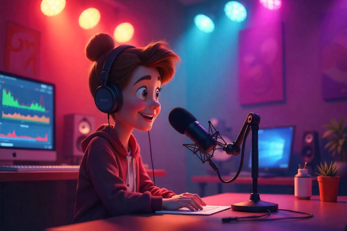 Animated girl in a cozy studio, wearing headphones and speaking into a microphone. Colorful lights create a vibrant, energetic atmosphere.