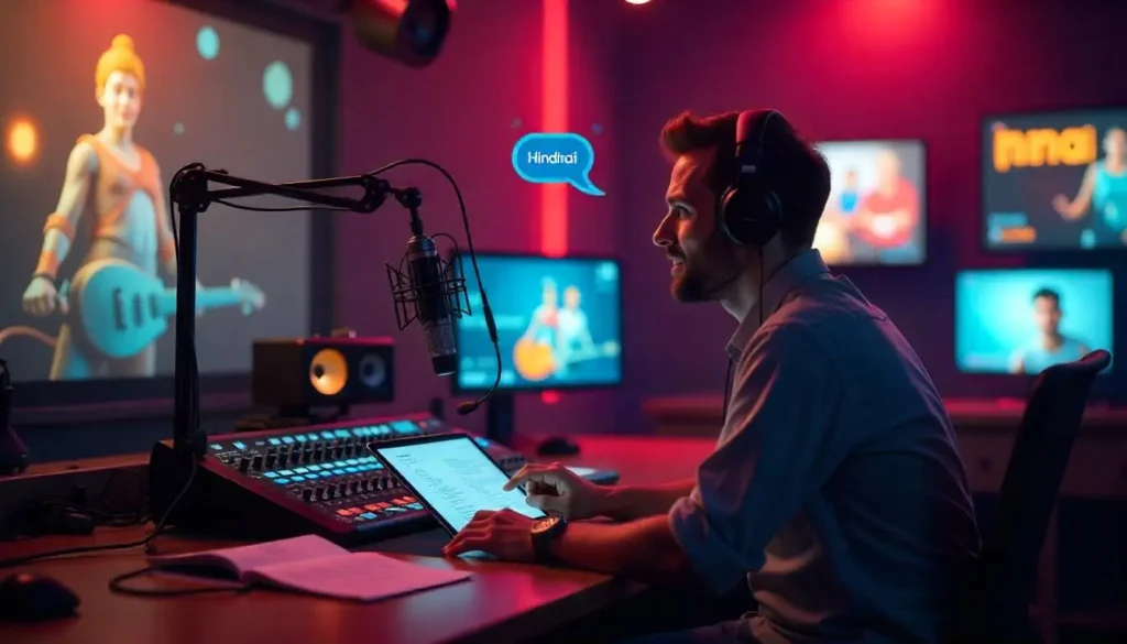 A man in a dimly lit studio with red and blue lighting speaks into a microphone. He wears headphones and interacts with a tablet. Monitors display animated characters.