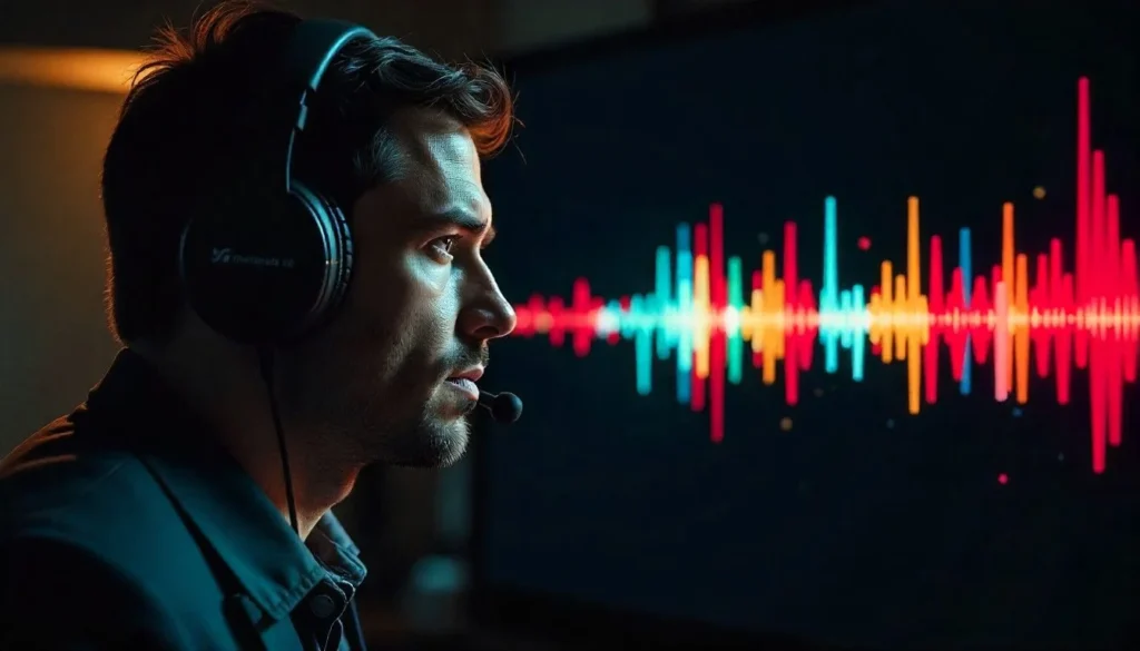 A man with headphones intently focuses on a screen displaying colorful sound waves. The image conveys concentration and a tech-driven atmosphere.