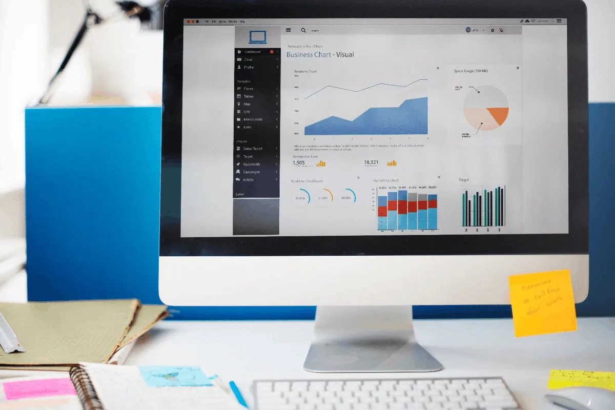 Computer screen displaying business charts, including line and pie graphs. A cluttered desk with notes and documents is visible, suggesting productivity.