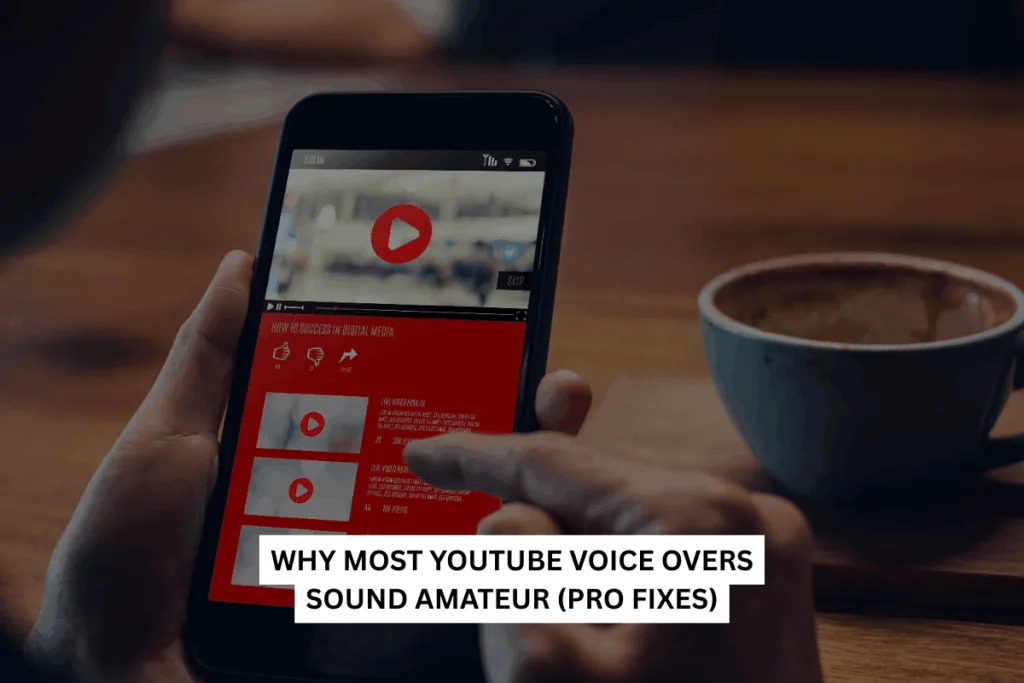 A person holds a smartphone, watching a video with a play button on the screen. A coffee cup sits on a wooden table. The text reads: "Why Most YouTube Voice Overs Sound Amateur (Pro Fixes)".