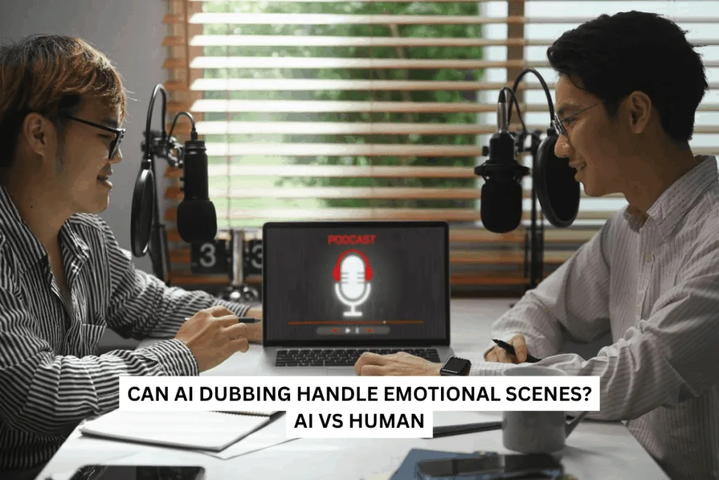 Two men are engaging in a podcast discussion at a table with microphones and a laptop. A screen displays "Podcast." The scene appears focused and professional.