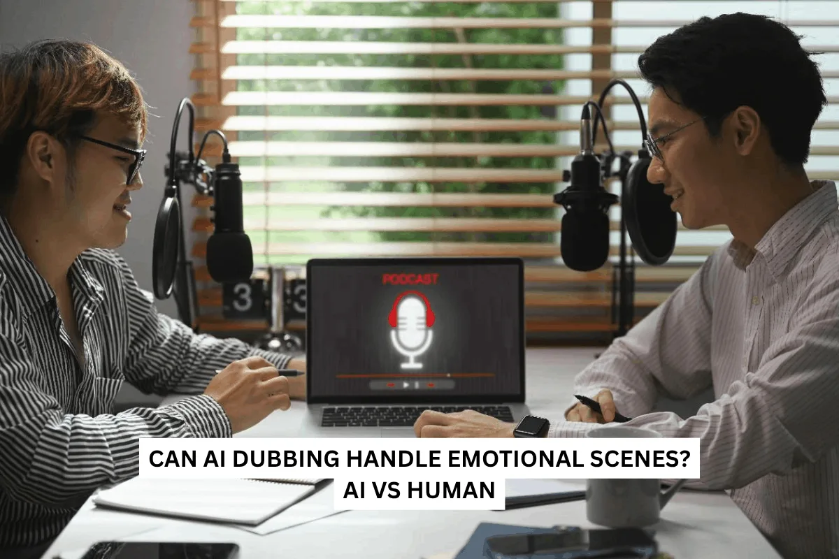 Two men are engaging in a podcast discussion at a table with microphones and a laptop. A screen displays "Podcast." The scene appears focused and professional.