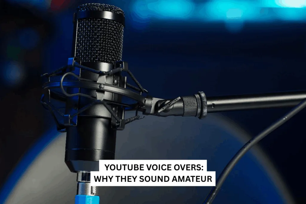 Close-up of a black microphone with a pop filter against a blue-lit background. Text overlay: "YouTube Voice Overs: Why They Sound Amateur."