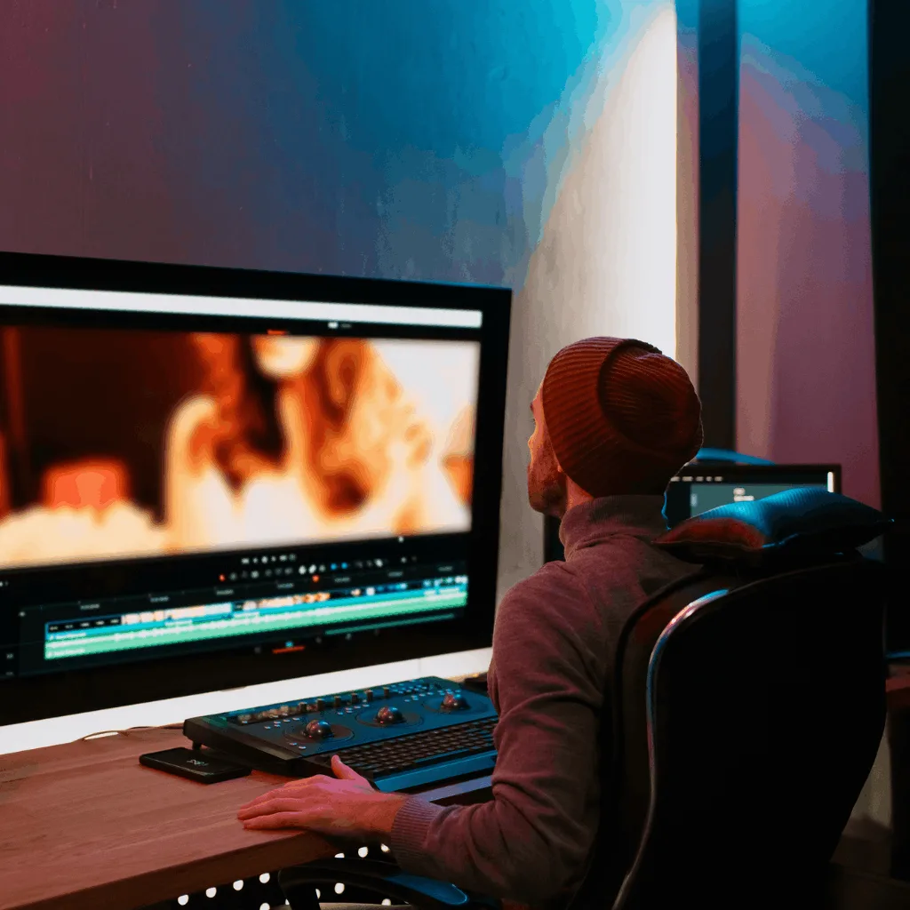 A person in a beanie works at a computer in a dimly lit room, editing a blurred video on a large screen. The setting conveys focus and creativity.