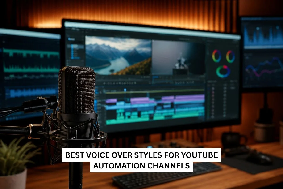 A professional audio setup with a microphone in the foreground and video editing software on large screens in the background. Text overlay reads: "Best Voice Over Styles for YouTube Automation Channels."